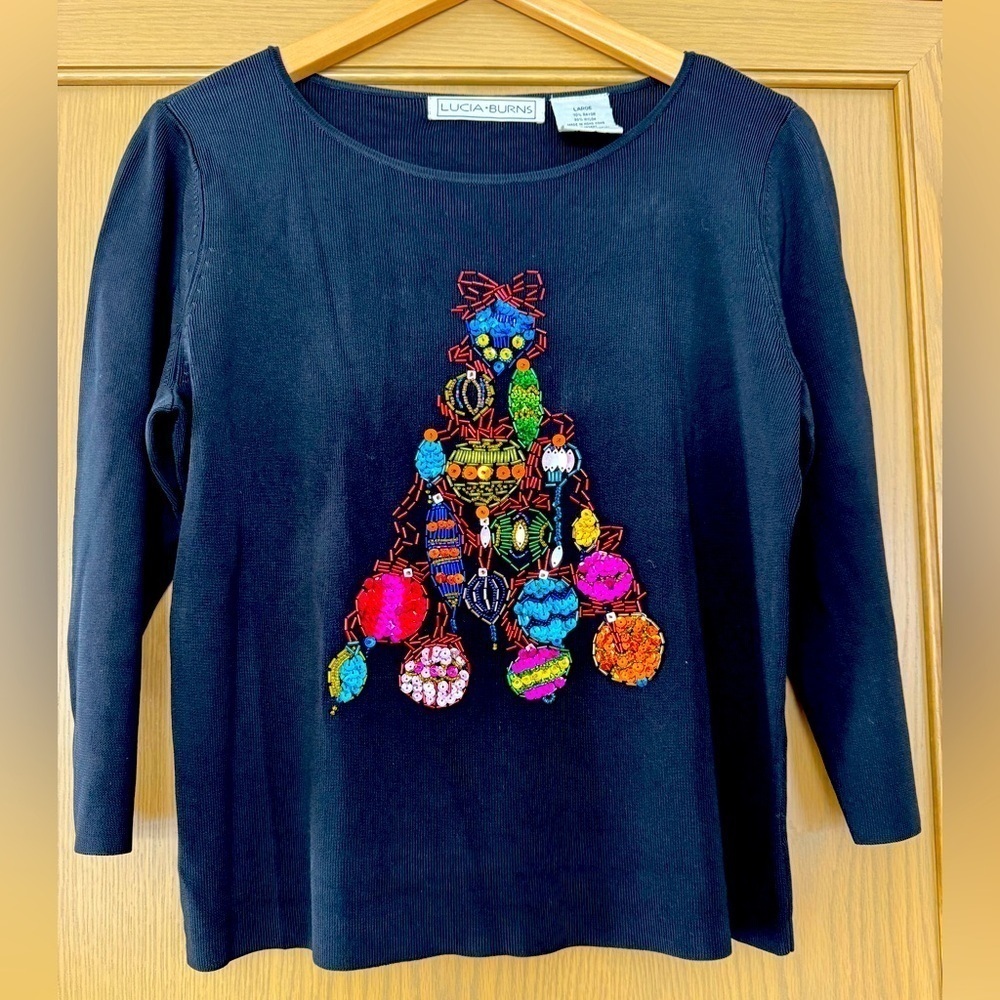 Vintage Lucia Burns Quarter Sleeve Scoop Neck Sequinced Christmas Tree Sweater